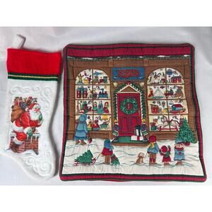 Ikea Quilted Throw Pillow Cover Holiday Christmas Toy Shop / Santa Stocking 15"